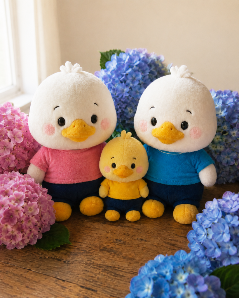 アヒルさんたちのぬいぐるみと紫陽花