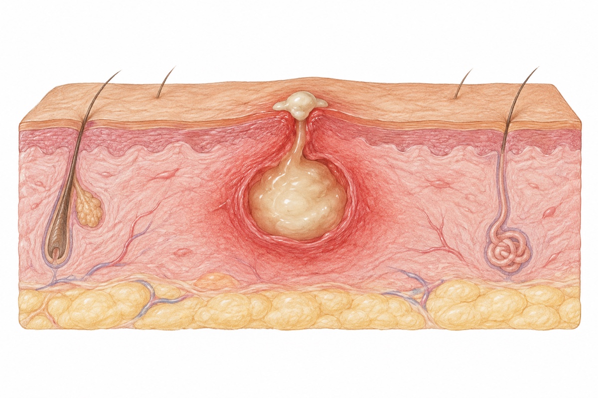 皮膚の下の膿のたまりから、表面の開口部へ液が出ている断面イラスト