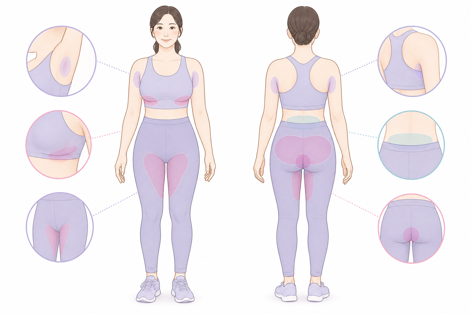 前面と背面に、脇、乳房の下、足の付け根、お尻周辺を示した説明図