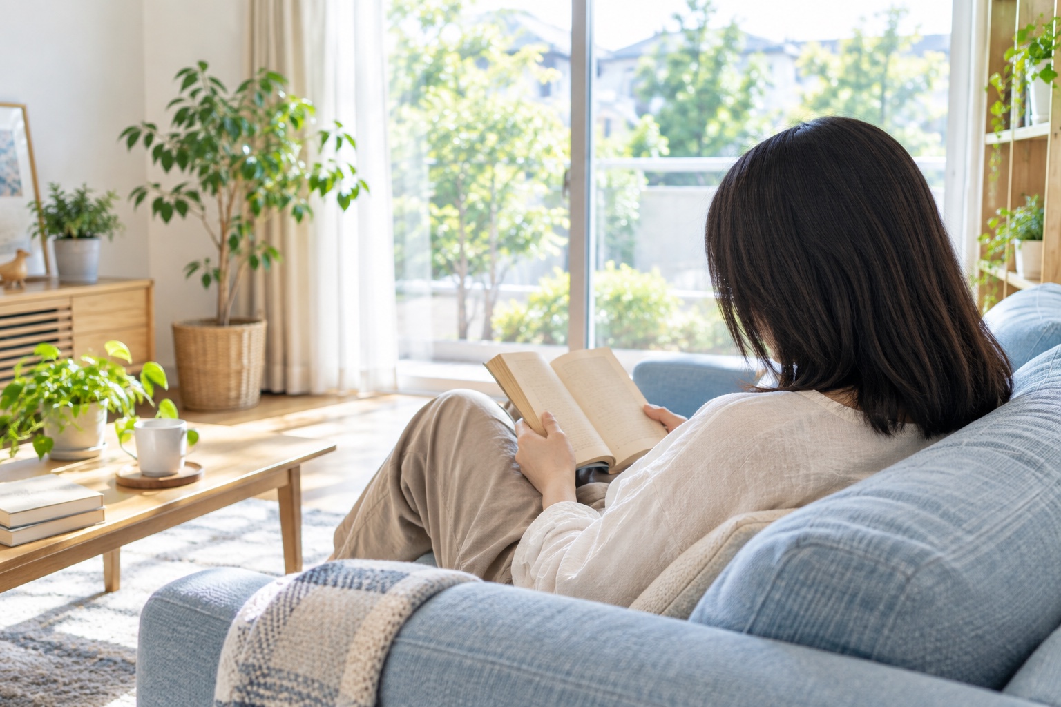明るい窓辺のソファで本を読む人の後ろ姿